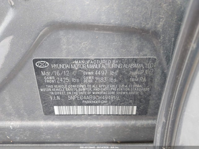 45128445 :رقم المزاد ، 5NPEC4AB9CH494919 vin ، 2012 Hyundai Sonata Limited 2.0t مزاد بيع