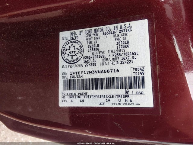 Aukcja sprzedaży 1997 Ford F-150 Lariat/standard/xl/xlt, vin: 1FTEF17W3VNA58716, numer aukcji: 45128450