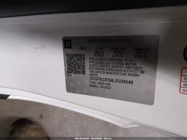 45128455 :رقم المزاد ، 1G1FB1RS8L0104540 vin ، 2020 Chevrolet Camaro Rwd  1lt مزاد بيع