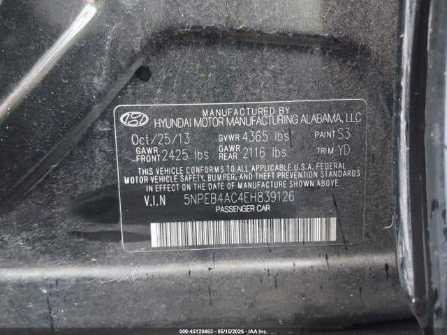 45128463 :رقم المزاد ، 5NPEB4AC4EH839126 vin ، 2014 Hyundai Sonata Gls مزاد بيع