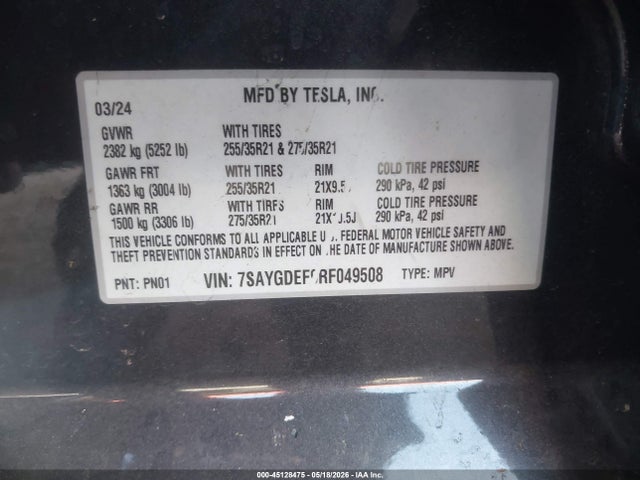 Aukcja sprzedaży 2024 Tesla Model Y Performance Dual Motor All-wheel Drive, vin: 7SAYGDEF9RF049508, numer aukcji: 45128475