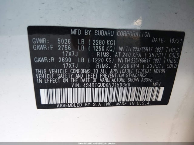 Aukcja sprzedaży 2022 Subaru Outback Wilderness, vin: 4S4BTGUD0N3150360, numer aukcji: 45128477