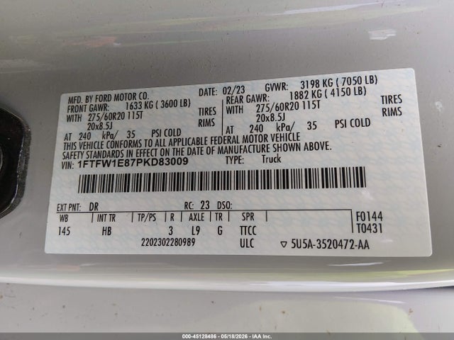 Aukcja sprzedaży 2023 Ford F-150 Lariat, vin: 1FTFW1E87PKD83009, numer aukcji: 45128486