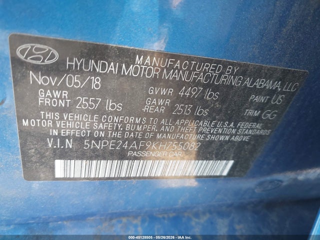 Aukcja sprzedaży 2019 Hyundai Sonata Se, vin: 5NPE24AF9KH755082, numer aukcji: 45128505
