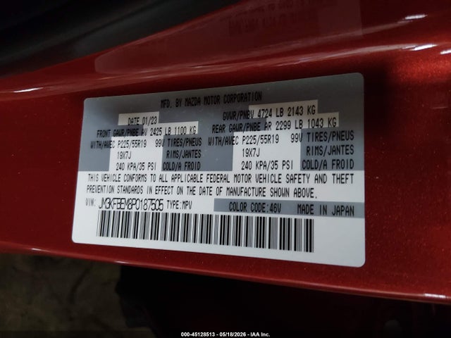 Продаж на аукціоні авто 2023 Mazda Cx-5 2.5 S Premium Plus, vin: JM3KFBEM8P0187505, номер лоту: 45128513