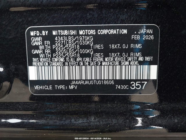 JA4ARUAU0TU018606 Mitsubishi Outlander Sport 2.0 Es/2.0 Le/2.0 Ralliart/2.0 S/2.0 Se/2.0 Trail Edition