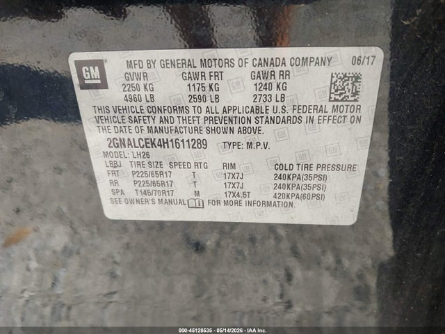 Продаж на аукціоні авто 2017 Chevrolet Equinox Lt, vin: 2GNALCEK4H1611289, номер лоту: 45128535