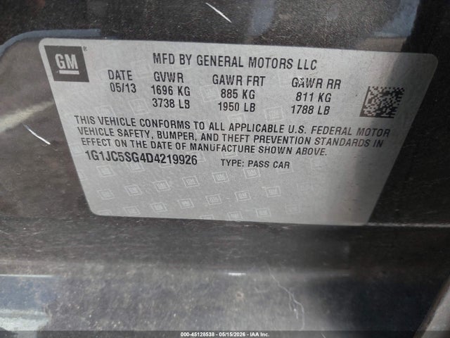 Aukcja sprzedaży 2013 Chevrolet Sonic Lt Auto, vin: 1G1JC5SG4D4219926, numer aukcji: 45128538