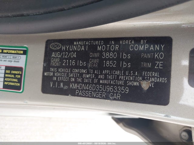 Продаж на аукціоні авто 2005 Hyundai Elantra Gls/gt, vin: KMHDN46D35U963359, номер лоту: 45128551