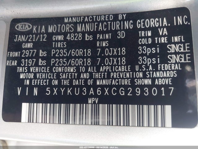 45128558 :رقم المزاد ، 5XYKU3A6XCG293017 vin ، 2012 Kia Sorento Ex مزاد بيع