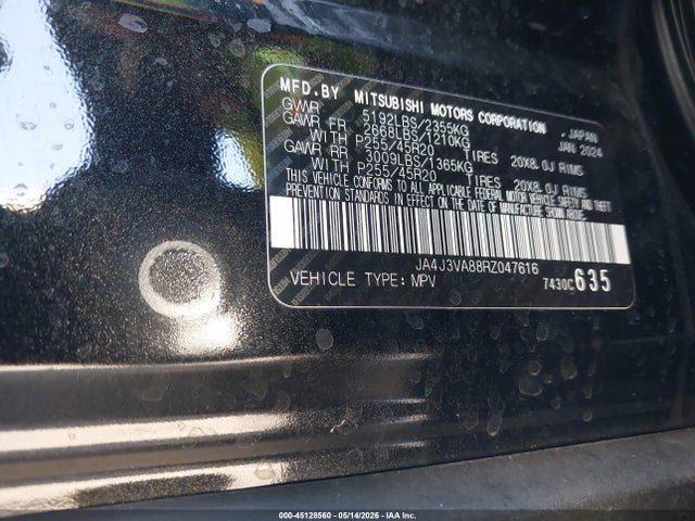 Aukcja sprzedaży 2024 Mitsubishi Outlander Se 2.5 2wd, vin: JA4J3VA88RZ047616, numer aukcji: 45128560