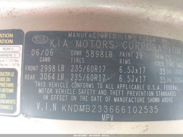 Продажа на аукционе авто 2006 Kia Sedona Ex/lx, vin: KNDMB233666102535, номер лота: 45128567