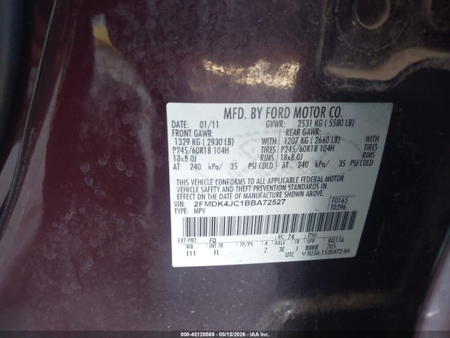 45128569 :رقم المزاد ، 2FMDK4JC1BBA72527 vin ، 2011 Ford Edge Sel مزاد بيع