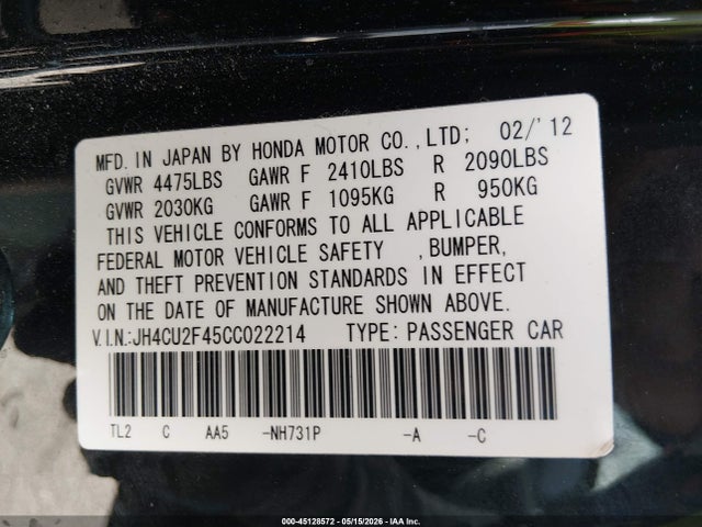 2012 Acura Tsx 2.4 მანქანა იყიდება აუქციონზე, vin: JH4CU2F45CC022214, აუქციონის ნომერი: 45128572