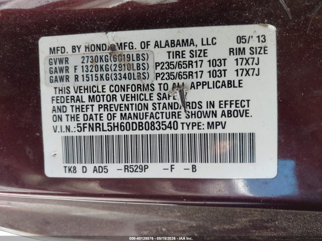 Продажа на аукционе авто 2013 Honda Odyssey Ex-l, vin: 5FNRL5H60DB083540, номер лота: 45128576