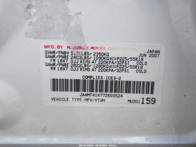 2007 Mitsubishi Outlander Xls მანქანა იყიდება აუქციონზე, vin: JA4MT41X77Z603524, აუქციონის ნომერი: 45128583