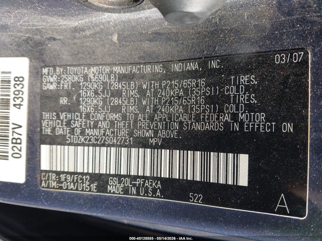 Aukcja sprzedaży 2007 Toyota Sienna Le, vin: 5TDZK23C27S042731, numer aukcji: 45128585
