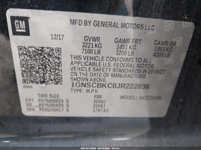 Aukcja sprzedaży 2018 Chevrolet Tahoe Lt, vin: 1GNSCBKC0JR222836, numer aukcji: 45128589