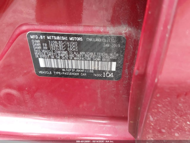 Продажа на аукционе авто 2019 Mitsubishi Mirage G4 Es, vin: ML32F3FJ8KHF11166, номер лота: 45128591