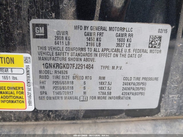 Chevrolet Traverse 1lt 2015 1GNKRGKD7FJ291484 Image 9