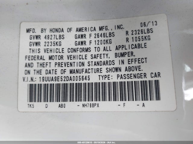 45128610 :رقم المزاد ، 19UUA9E52DA005645 vin ، 2013 Acura Tl 3.7 مزاد بيع