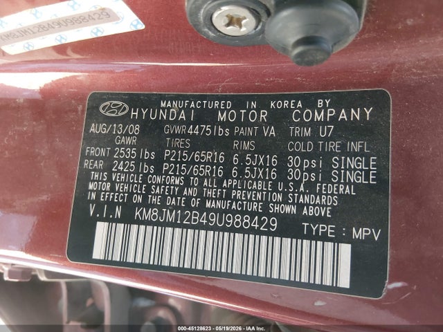 Aukcja sprzedaży 2009 Hyundai Tucson Gls, vin: KM8JM12B49U988429, numer aukcji: 45128623