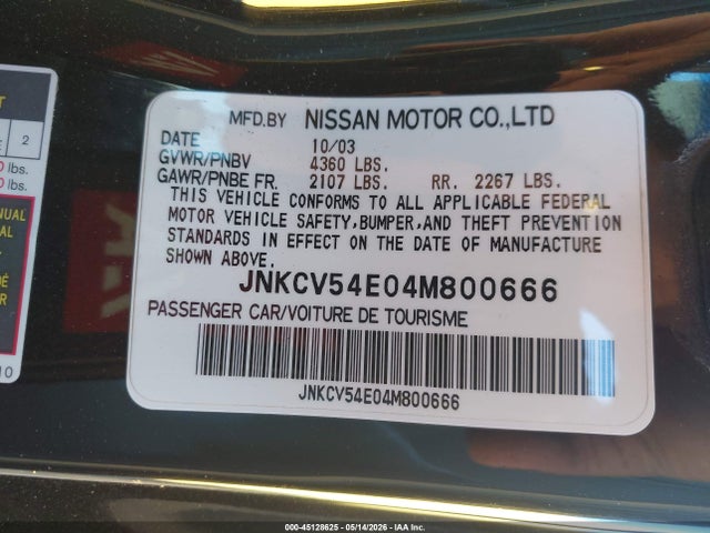 2004 Infiniti G35 მანქანა იყიდება აუქციონზე, vin: JNKCV54E04M800666, აუქციონის ნომერი: 45128625
