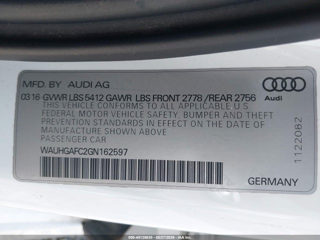 45128630 :رقم المزاد ، WAUHGAFC2GN162597 vin ، 2016 Audi A6 3.0t Premium Plus مزاد بيع