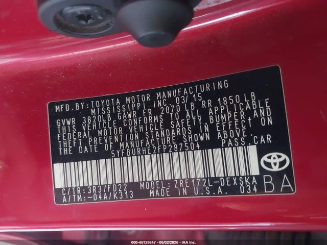 Aukcja sprzedaży 2015 Toyota Corolla S Plus, vin: 5YFBURHE2FP287504, numer aukcji: 45128647