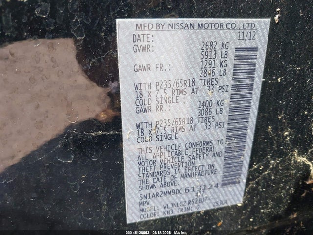 45128663 :رقم المزاد ، 5N1AR2MM9DC613124 vin ، 2013 Nissan Pathfinder Sl مزاد بيع