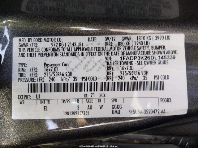 45128669 :رقم المزاد ، 1FADP3K26DL145339 vin ، 2013 Ford Focus Se مزاد بيع