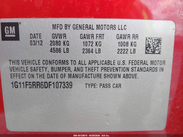45128670 :رقم المزاد ، 1G11F5RR6DF107339 vin ، 2013 Chevrolet Malibu Eco Premium Audio مزاد بيع
