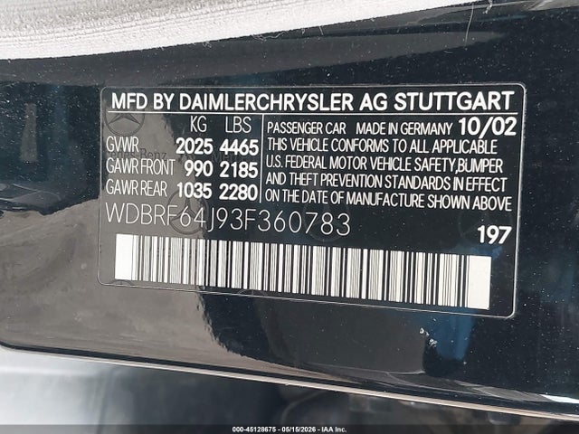 Aukcja sprzedaży 2003 Mercedes-benz C 320 Sport, vin: WDBRF64J93F360783, numer aukcji: 45128675
