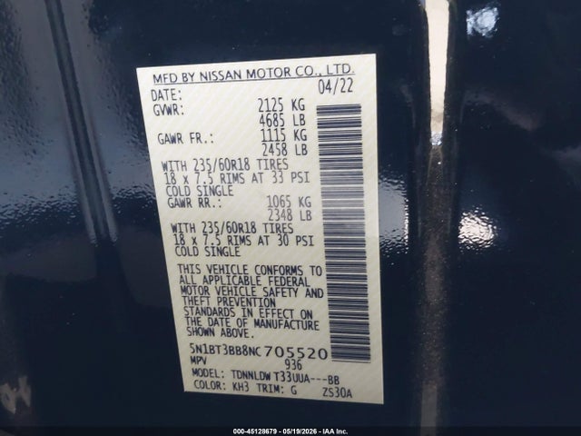 2022 Nissan Rogue Sv Intelligent Awd მანქანა იყიდება აუქციონზე, vin: 5N1BT3BB8NC705520, აუქციონის ნომერი: 45128679