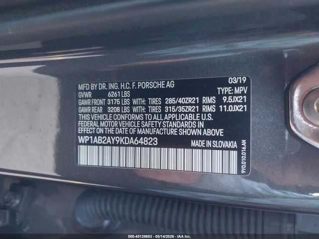 45128683 :رقم المزاد ، WP1AB2AY9KDA64823 vin ، 2019 Porsche Cayenne S مزاد بيع