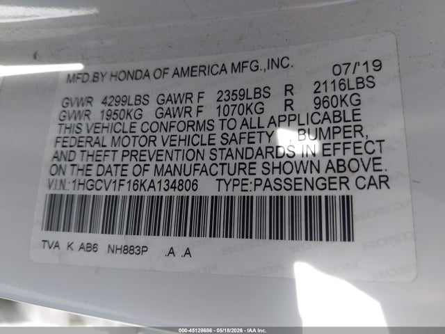 1HGCV1F16KA134806 Honda ACCORD LX