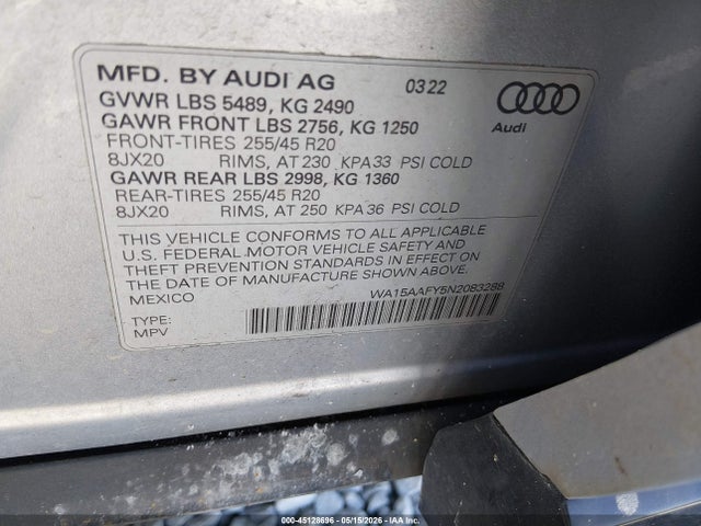 45128696 :رقم المزاد ، WA15AAFY5N2083288 vin ، 2022 Audi Q5 Sportback Premium Plus 45 Tfsi S Line Quattro S Tronic مزاد بيع