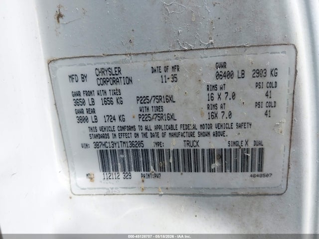 45128707 :رقم المزاد ، 3B7HC13Y1TM136205 vin ، 1996 Dodge Ram 1500 مزاد بيع