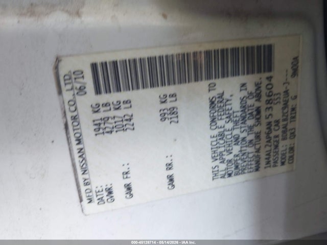 2010 Nissan Altima 2.5 S მანქანა იყიდება აუქციონზე, vin: 1N4AL2AP6AN538604, აუქციონის ნომერი: 45128714