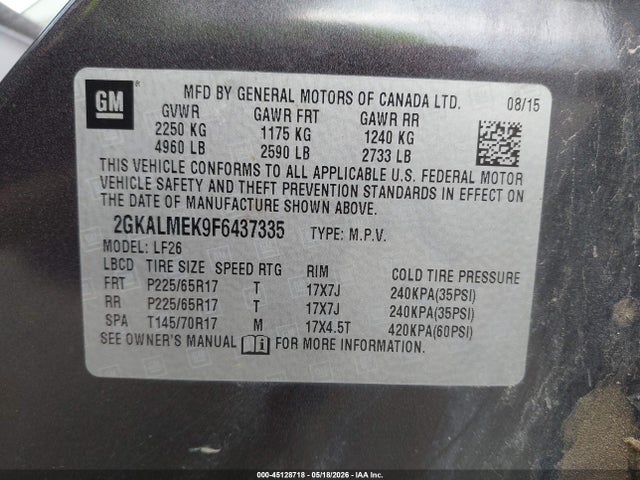 GMC Terrain Sle-1 2015 2GKALMEK9F6437335 Image 9