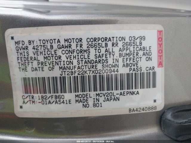 Aukcja sprzedaży 1999 Toyota Camry Le V6, vin: JT2BF22K7X0200944, numer aukcji: 45128721