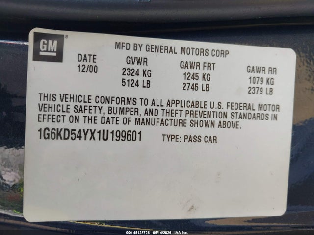 Продаж на аукціоні авто 2001 Cadillac Deville Standard, vin: 1G6KD54YX1U199601, номер лоту: 45128726