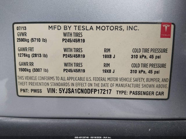 Aukcja sprzedaży 2013 Tesla Model S, vin: 5YJSA1CN0DFP17217, numer aukcji: 45128746