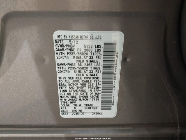 Продажа на аукционе авто 2012 Nissan Murano Le, vin: JN8AZ1MU7CW117738, номер лота: 45128751