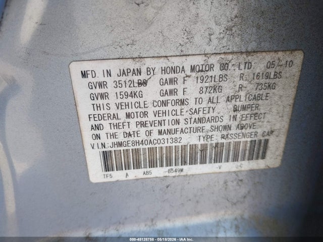 45128758 :رقم المزاد ، JHMGE8H40AC031382 vin ، 2010 Honda Fit Sport مزاد بيع