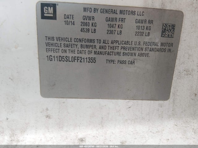 Продажа на аукционе авто 2015 Chevrolet Malibu 2lt, vin: 1G11D5SL0FF211355, номер лота: 45128760