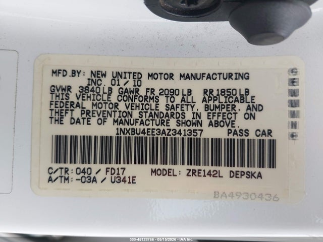 45128766 :رقم المزاد ، 1NXBU4EE3AZ341357 vin ، 2010 Toyota Corolla S مزاد بيع