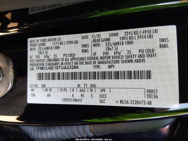 2026 Ford Escape Phev მანქანა იყიდება აუქციონზე, vin: 1FMCU0E19TUA23286, აუქციონის ნომერი: 45128772