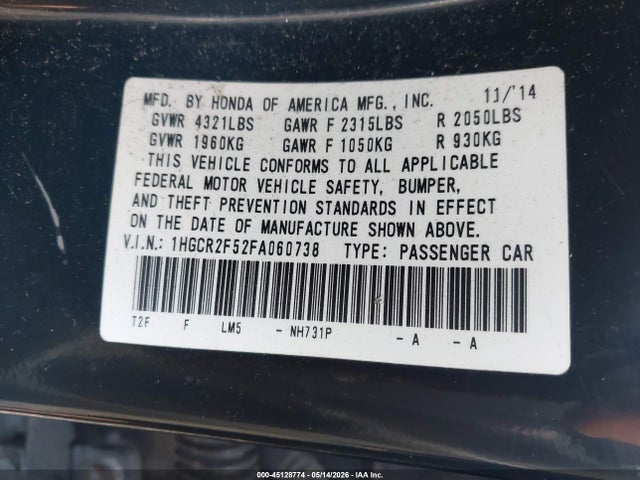 2015 Honda Accord Sport მანქანა იყიდება აუქციონზე, vin: 1HGCR2F52FA060738, აუქციონის ნომერი: 45128774
