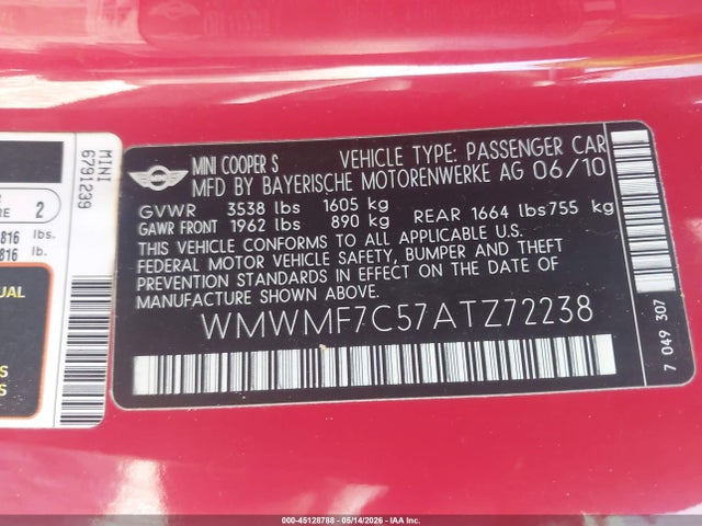 Продажа на аукционе авто 2010 Mini Cooper S, vin: WMWMF7C57ATZ72238, номер лота: 45128788